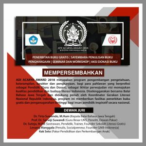 Read more about the article ADI ACARYA AWARD 2018: PENERBITAN BUKU GRATIS | SAYEMBARA PENULISAN BUKU | PENGHARGAAN | SEMINAR DAN WORKSHOP | AKSI DONASI BUKU