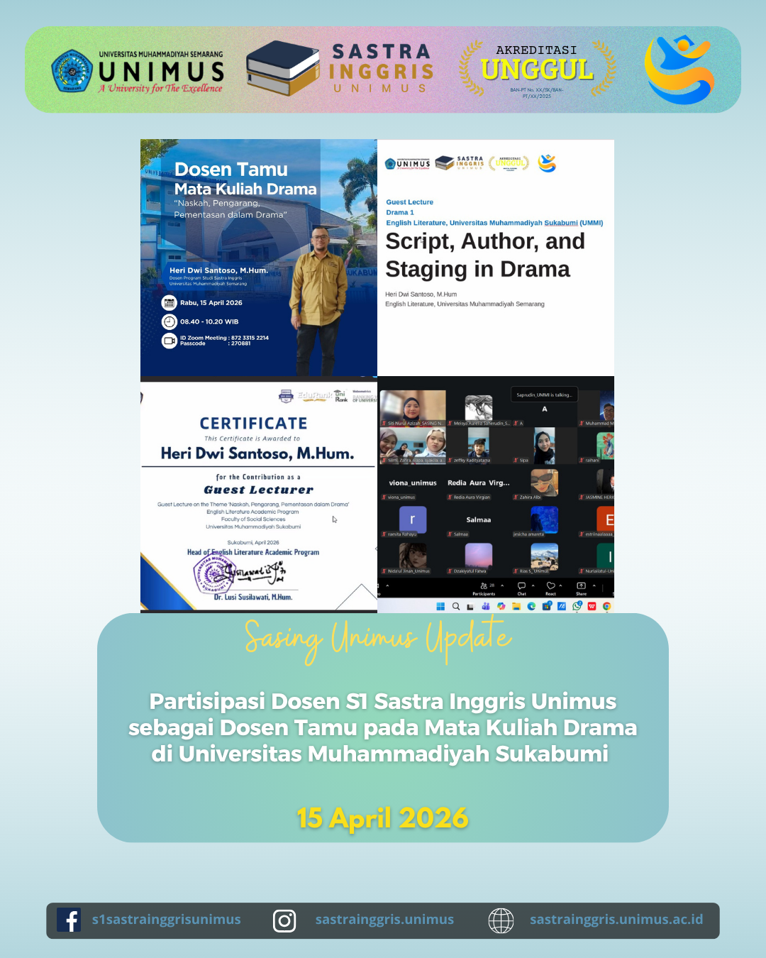 Read more about the article Dosen S1 Sastra Inggris Unimus Menjadi Dosen Tamu pada Mata Kuliah Drama di Universitas Muhammadiyah Sukabumi