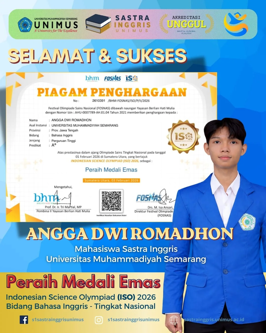 Read more about the article Mahasiswa Sastra Inggris Unimus Raih Medali Emas pada Festival Olimpiade Sains Tingkat Nasional Bidang Bahasa Inggris