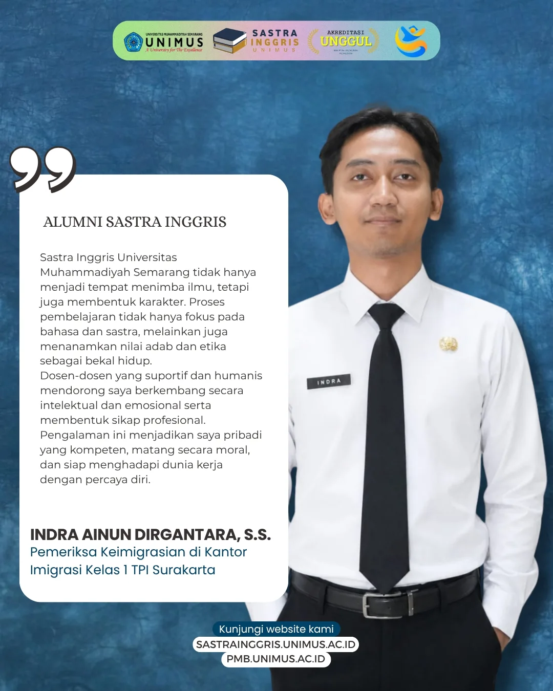 Read more about the article Alumni Sastra Inggris Unimus Berkarier sebagai Pemeriksa Keimigrasian di Kantor Imigrasi Surakarta