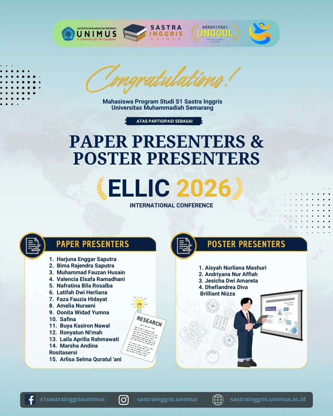 Read more about the article Mahasiswa Sastra Inggris Unimus Berpartisipasi dalam ELLiC 2026 International Conference