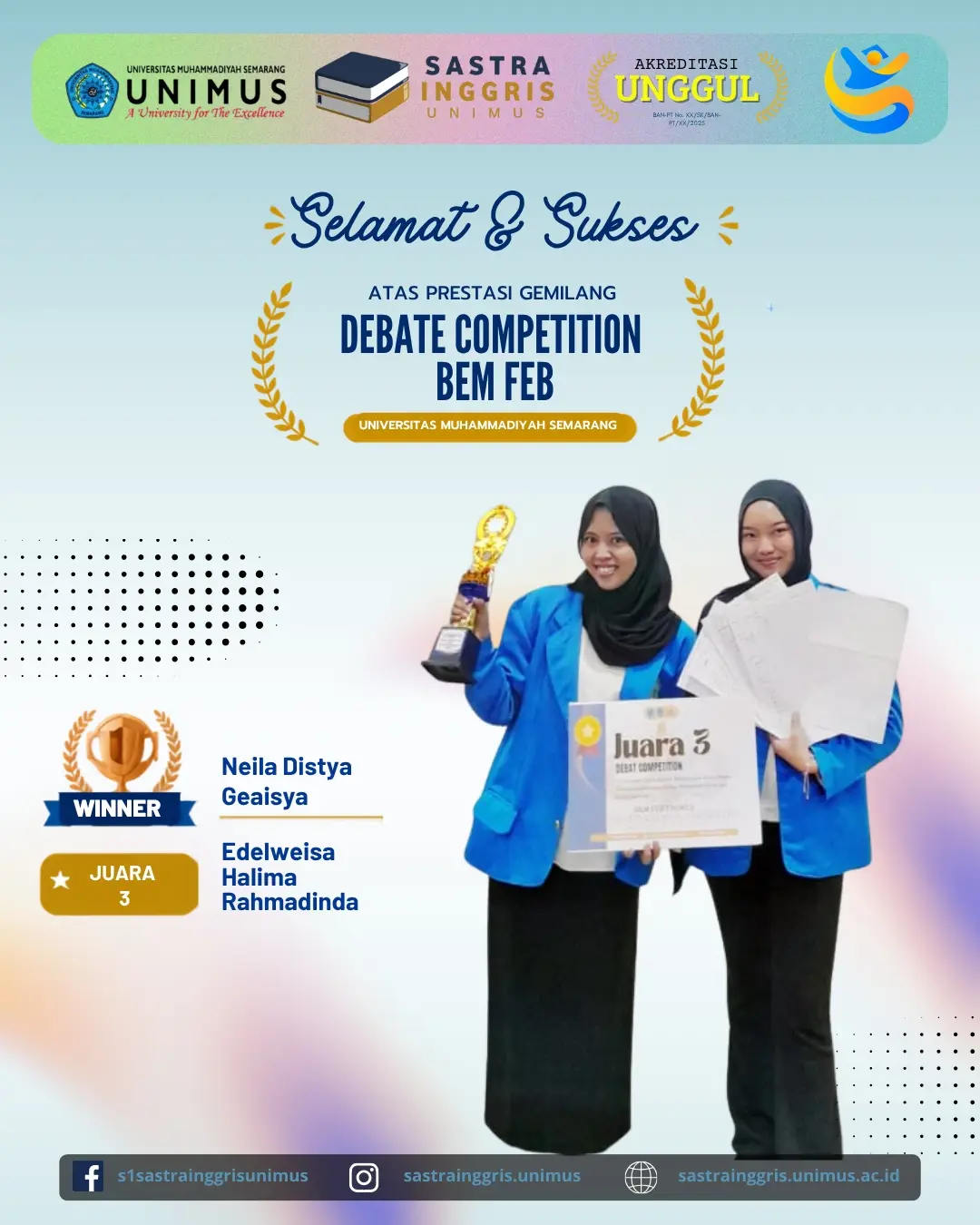 Read more about the article Mahasiswa Sastra Inggris Unimus Raih Juara 3 Debate Competition BEM FEB